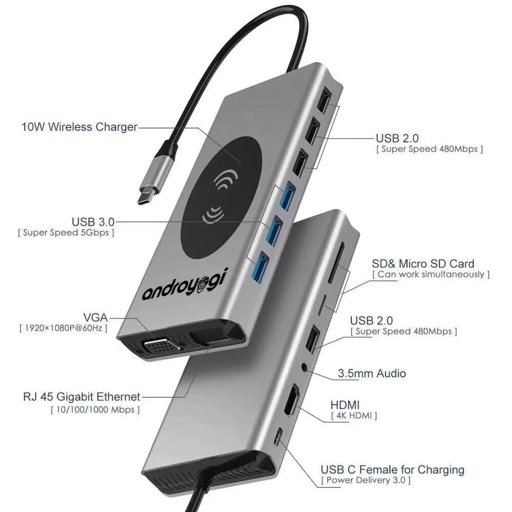 Androyogi 15 in 1 usb hub with wireless charging hdtv vga usb 3.0 sd rj45 lan pd 3.5mm audio type c charge hub for macbook / samsung / dell