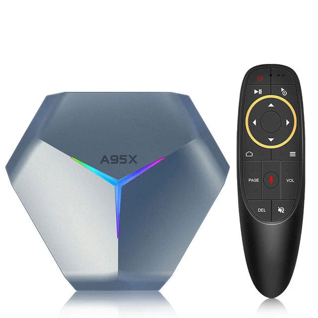 E-india a95x f4 amlogic s905x4 smart android 11 tv box 4k hd youtube 4gb ram 64gb 128gb rom 2.4g/5ghz wifi rgb light set top box - ₹5,699