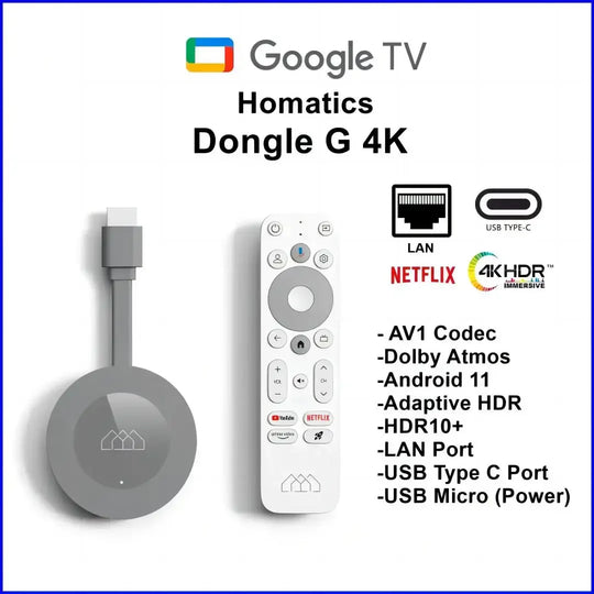 HOMATICS Dongle G: 2GB LPDDR4 RAM 32GB ROM 4K TV Stick with Google & Netflix Certification Android 11 OS Media Player Amlogic S905Y4 Dolby