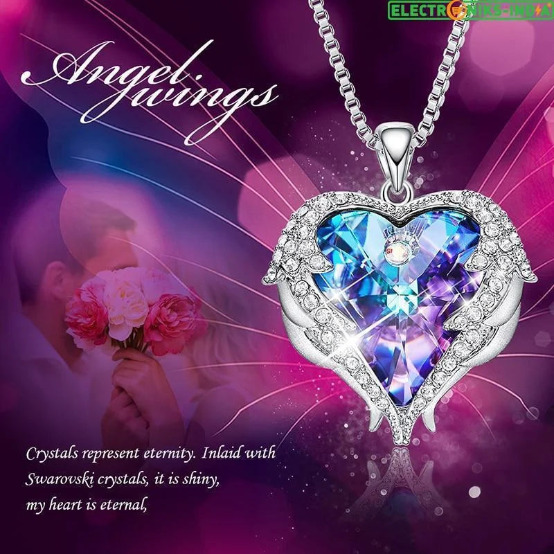 Navatulya® swarovski necklace women silver color embellished with crystals from angel wings heart pendant - on sale