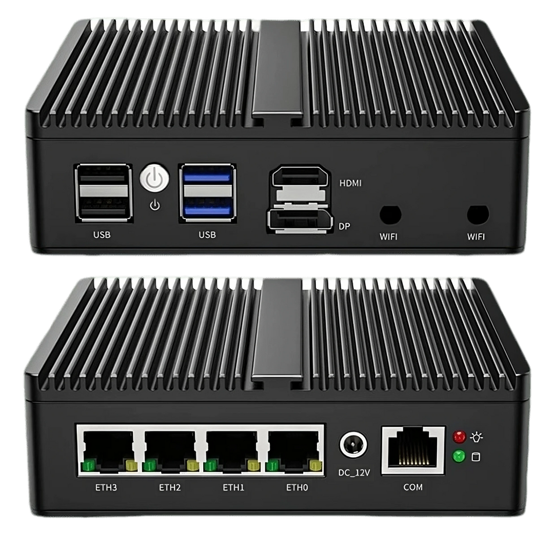 Skullsaints onyx: intel 11th gen n5105 fanless mini industrial pc with 4x 2.5g intel i226 i225 lan ddr4 nvme soft router firewall hdmi2.0 13