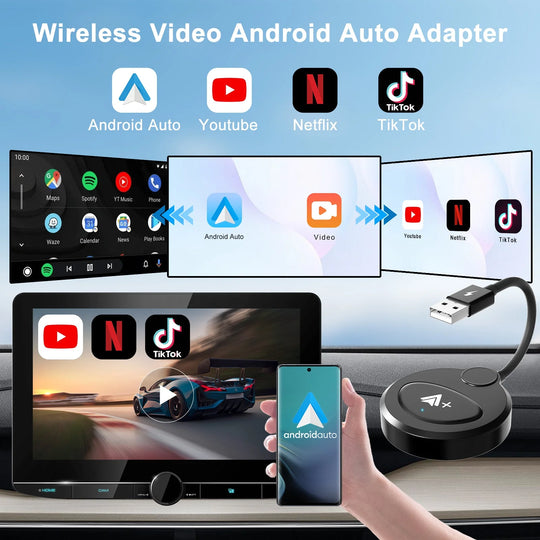 Techadro wireless android auto adapter with youtube netflix - upgrade factory wired to wireless android auto wifi bluetooth dongle