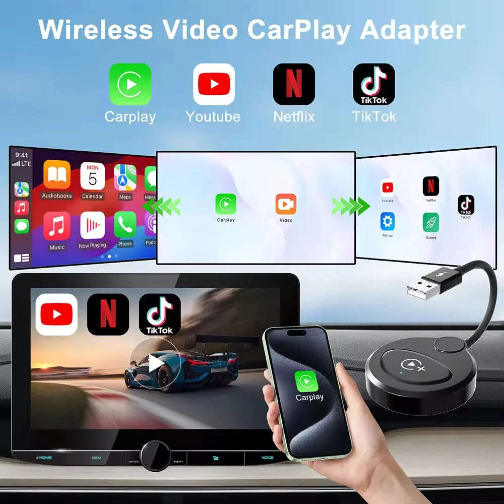 Techadro wireless carplay adapter with youtube netflix - upgrade factory wired to wireless apple carplay wifi bluetooth dongle for iphone