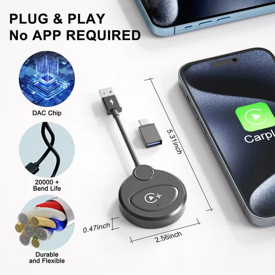 Techadro wireless carplay adapter with youtube netflix - upgrade factory wired to wireless apple carplay wifi bluetooth dongle for iphone