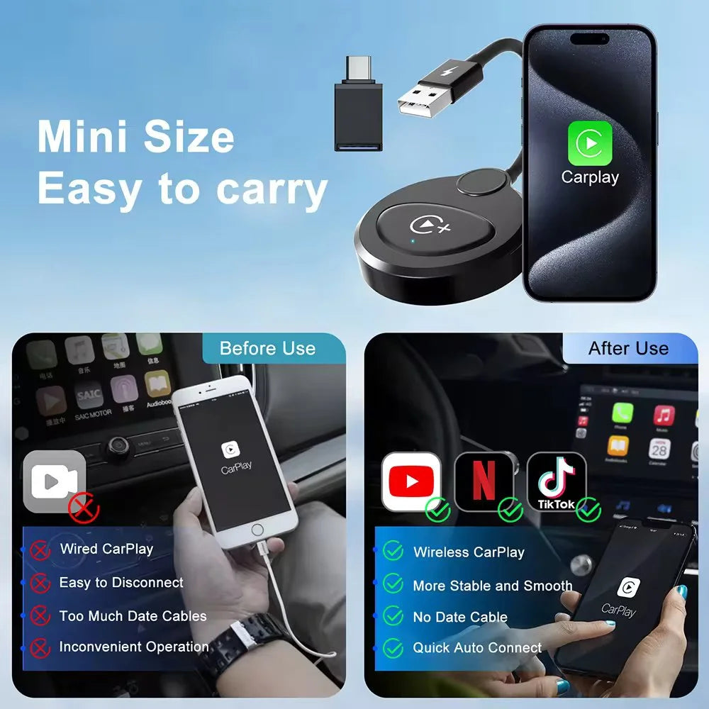 Techadro wireless carplay adapter with youtube netflix - upgrade factory wired to wireless apple carplay wifi bluetooth dongle for iphone